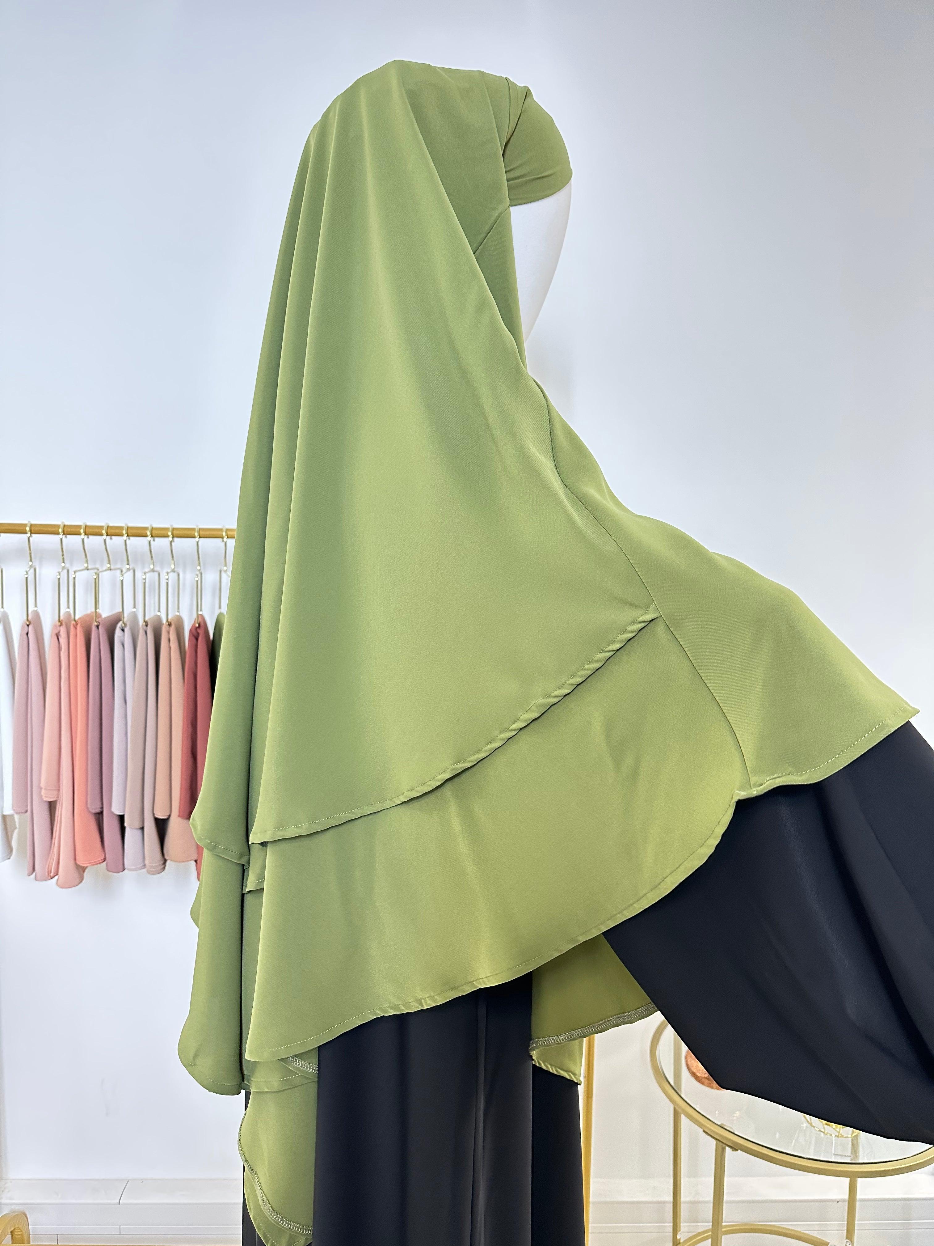 Khimar en Soie de Médine - Khimar 2 voiles - Vert kaki - My Qamis Homme