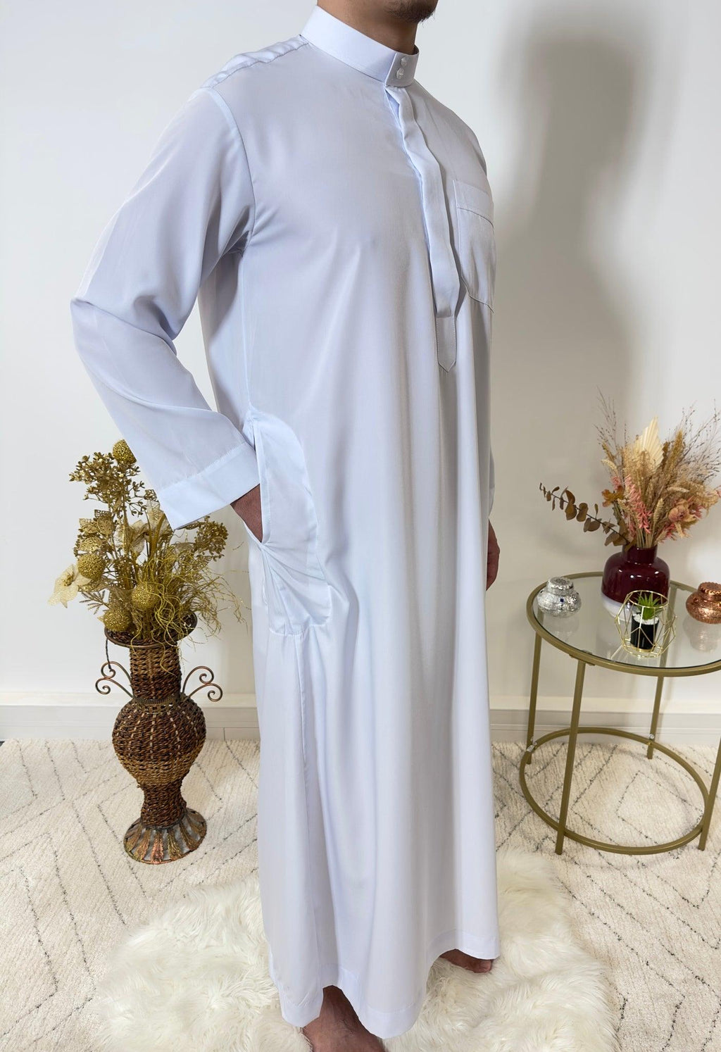 Qamis Saoudien avec Col Mao - Blanc Bleuté - My Qamis Homme